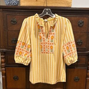 Regencycore VOY Yellow Bohemian Ruffle Tunic Top Women's Size S